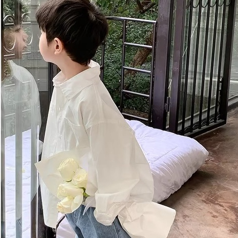 Áo sơ mi cotton BXPB màu trơn tay dài dáng rộng phong cách Hàn Quốc cho bé 100-160