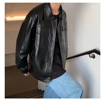 Áo Khoác Da Dáng Rộng Phối Túi Lớn Thời Trang Xuân Thu Cho Nam