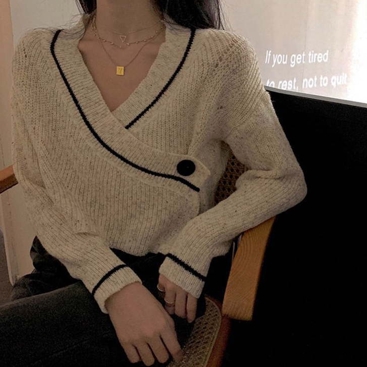 Áo Khoác Cardigan Dệt Kim Tay Dài Cổ Chữ V Màu Sắc Tương Phản Phong Cách