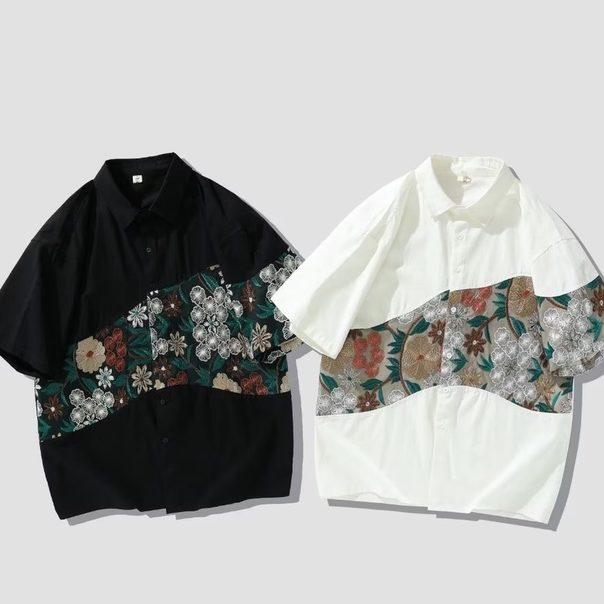 Áo Sơ Mi Nam Ngắn Tay Thêu Hoa Phong Cách Retro