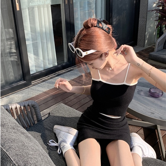 QADCOL Bộ Áo Dệt Kim Màu Trơn Phối Chân Váy Lửng Thời Trang Mùa Xuân Mới Cho Nữ