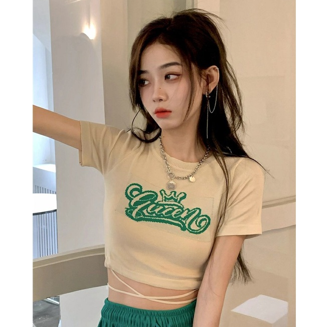 ZHELIHANGFEI Áo Croptop Tay Ngắn Hoạ Tiết In Thiết Kế Quyến Rũ