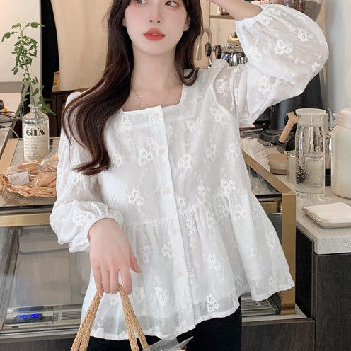 S-XXL Áo Kiểu Tay Dài Cổ Vuông Thêu Ren Hai Lớp Phong Cách Hàn Quốc Size