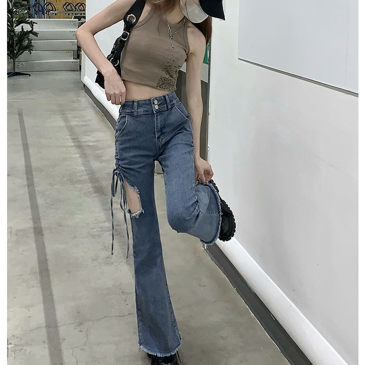 Quần Jeans Lưng Cao Ống Loe Thiết Kế Dây Rút Phong Cách Retro