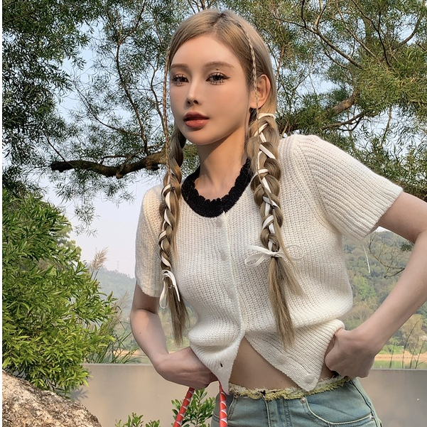 Áo Cardigan Dệt Kim Ngắn Tay Cổ Tròn Phối Màu Tương Phản Thời Trang Mùa Hè Hàn Quốc 5 Màu Tùy Chọn