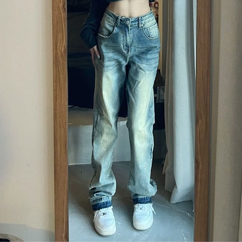 ZHELIHANGFEI Quần Jean Dài Lưng Cao Kiểu Retro Mỹ Cá Tính