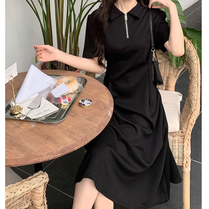 ZHELIHANGFEI Đầm Dài Tay Ngắn Cổ Polo Thiết Kế Chiết Eo Nữ Tính