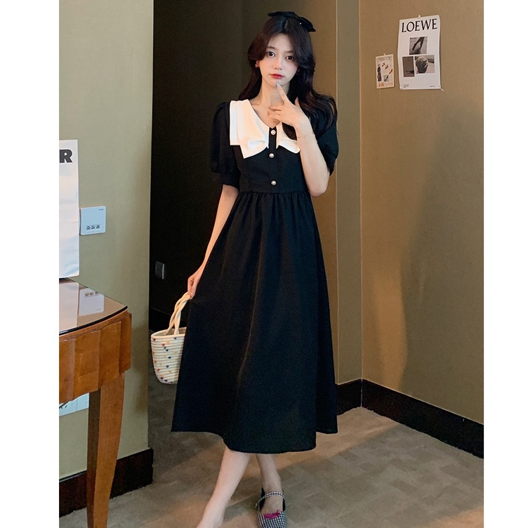 ZHELIHANGFEI Đầm Đen Dáng Dài Chiết Eo Cao Phong Cách Retro Hàn Quốc