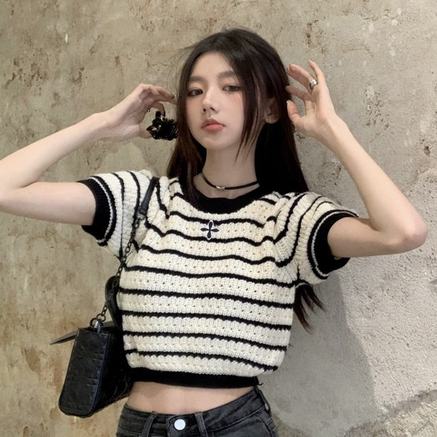 ZHELIHANGFEI Áo Thun Dệt Kim Tay Ngắn Lưng Cao Thời Trang Quyến Rũ Cho Nữ