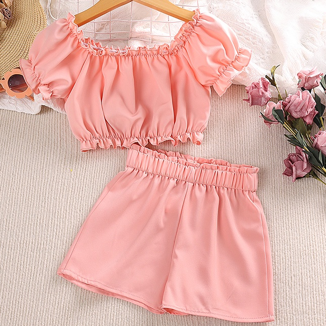 Set đồ 2 món SIYYIS gồm áo croptop màu hồng + quần ngắn dễ thương thời trang cho bé gái 4-7 tuổi