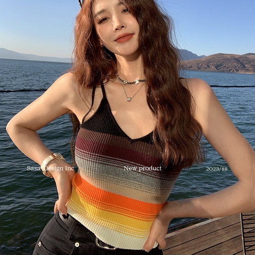 Porozi Áo Hai Dây Dệt Kim Họa Tiết Kẻ Sọc Thời Trang Vintage Cho Nữ