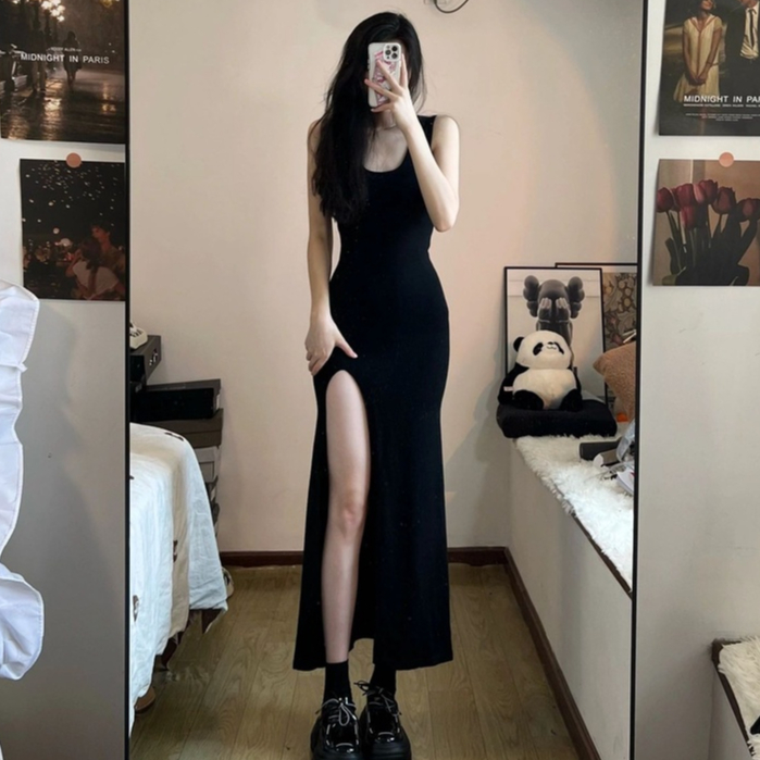 Váy đuôi cá hai dây dáng dài, ôm body, xẻ tà, gợi cảm, quyến rũ, hàng Quảng Châu cao cấp, thời trang xuân hè mới dành cho nữ