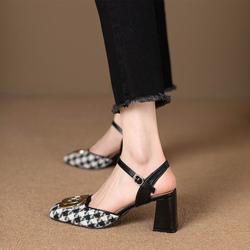 Giày Sandal Cao Gót Mũi Vuông Họa Tiết Ca Rô Thời Trang Dành Cho Nữ / Size 34-40