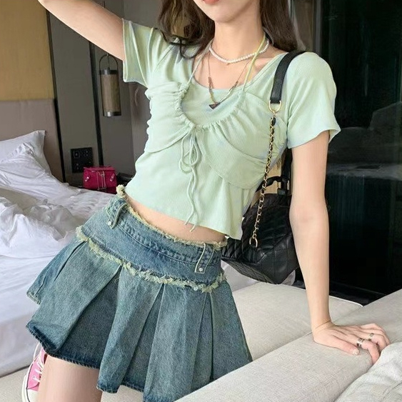 Áo thun BH cotton tay ngắn phối dây thời trang mùa hè cho nữ