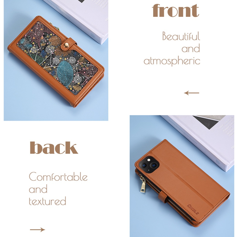 Từ Dây Kéo Ví Ốp Điện Thoại Cho iPhone 15 14 Pro Max 11 12 13 Pro Max Xs Max Xr X Cao Cấp Vintage Da Hoa Sang Trọng Ví Đựng Thẻ Dây Đeo Tay Thiết Kế Bìa Sách