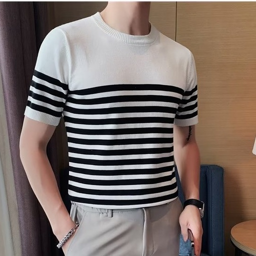 Áo Thun Lụa Lạnh Dệt Kim Mỏng Kẻ Sọc Thoáng Khí Thời Trang Mùa Hè Cho Nam Giới Size M-3xl