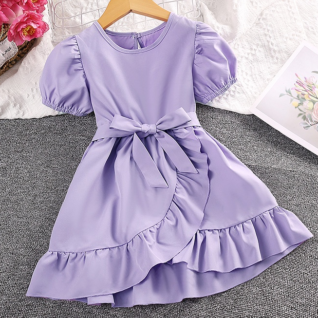 Đầm SIYYIS tay phồng màu sắc tím thời trang mùa hè xinh xắn đáng yêu cho bé gái 4-7 tuổi