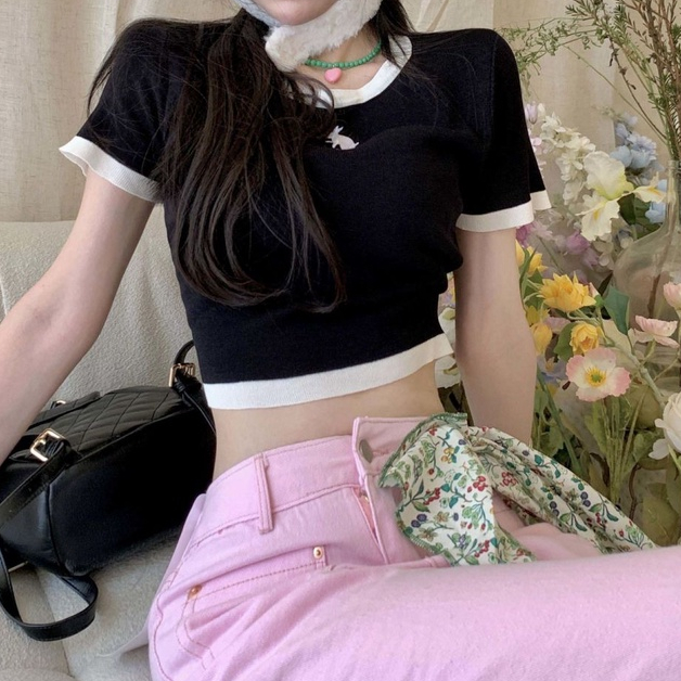 Lalisas Áo Croptop Dệt Kim Tay Ngắn Cổ Tròn Thời Trang Hàn Quốc vintage Quyến Rũ Cho Nữ