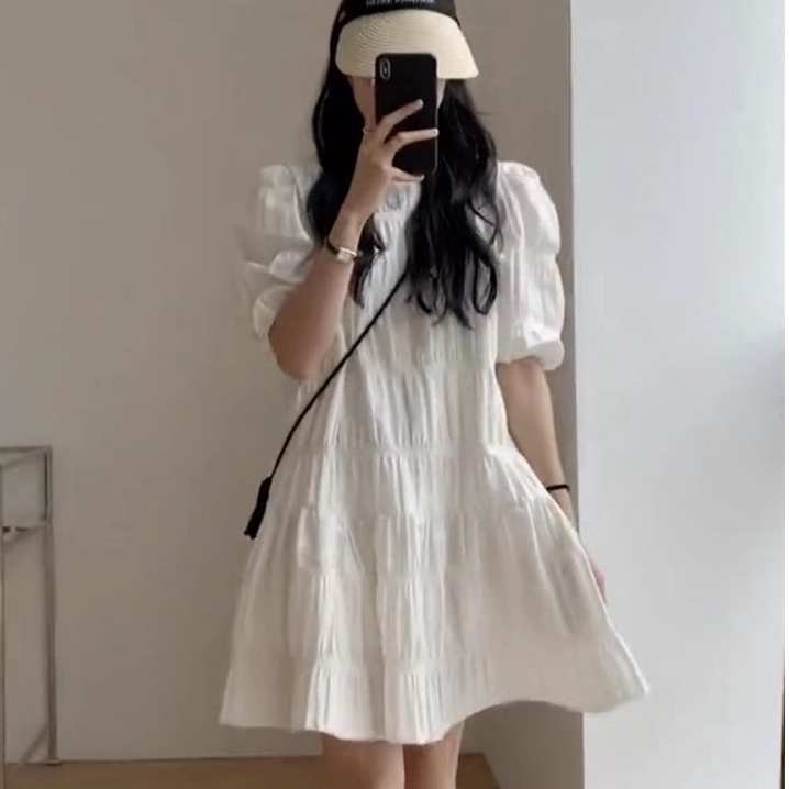 Đầm Midi Tay Ngắn Dáng Chữ A Xếp Ly Lưng Cao Phong Cách Hàn Quốc Thời Trang Cho Nữ Size S-XXL