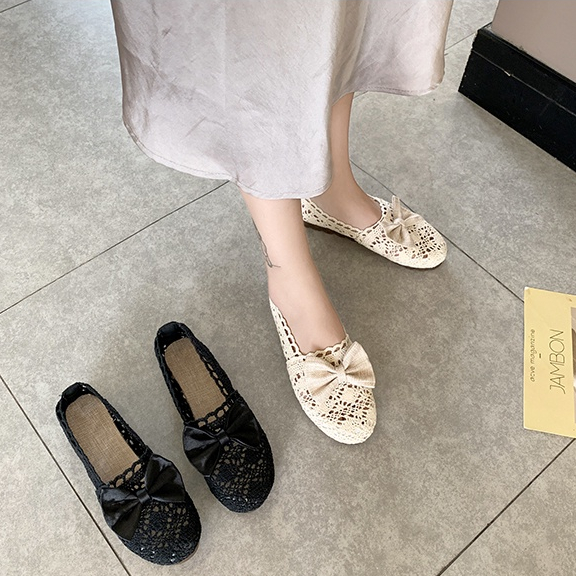 ❤ Giày búp bê ren lưới gắn nơ phong cách Hàn