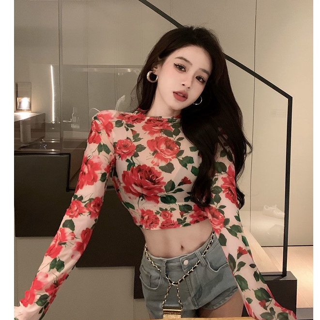 Áo Thun Tay Dài Dạng Lưới Hở Rốn In Họa Tiết Hoa Thời Trang Cổ Điển Phương Tây Dành Cho Bạn Nữ