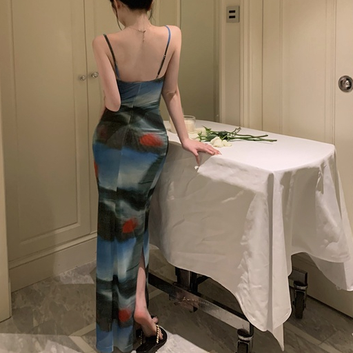 Đầm Dài Không Tay Họa Tiết Màu Nhuộm Phong Cách Hàn Quốc Quyến Rũ Cho Nữ