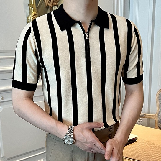 Áo Sơ Mi POLO Tay Ngắn Kẻ Sọc Phối Khóa Kéo Kiểu Retro Thời Trang Mùa Hè Cho Nam Giới Có Size M-3xl