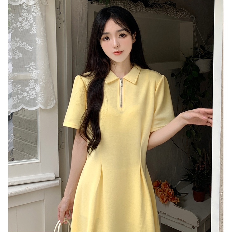 ZHELIHANGFEI Đầm Dài Tay Ngắn Cổ Polo Thiết Kế Chiết Eo Nữ Tính