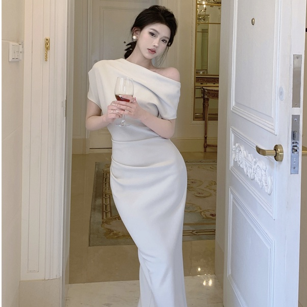 Đầm Dài Tay Ngắn Cổ Cao Ôm Eo Thời Trang Hàn Quốc Cho Nữ