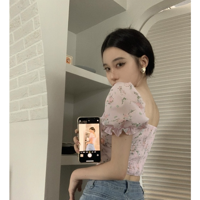 Áo Sơ Mi Chiffon Tay Ngắn Phồng In Hoa Kiểu Hàn Quốc Dễ Thương Cho Nữ
