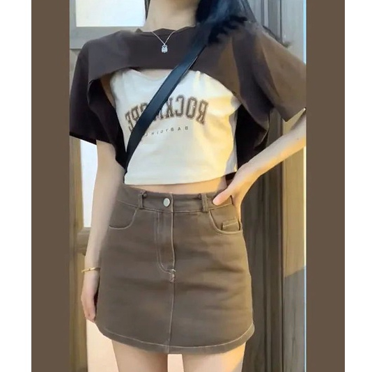 Set Áo Thun Ngắn Tay + Áo Hai Dây Phong Cách Hàn Quốc Ngọt Ngào Phong Cách Retro Hàn Quốc Hợp Thời Trang Mùa Hè Cho Nữ