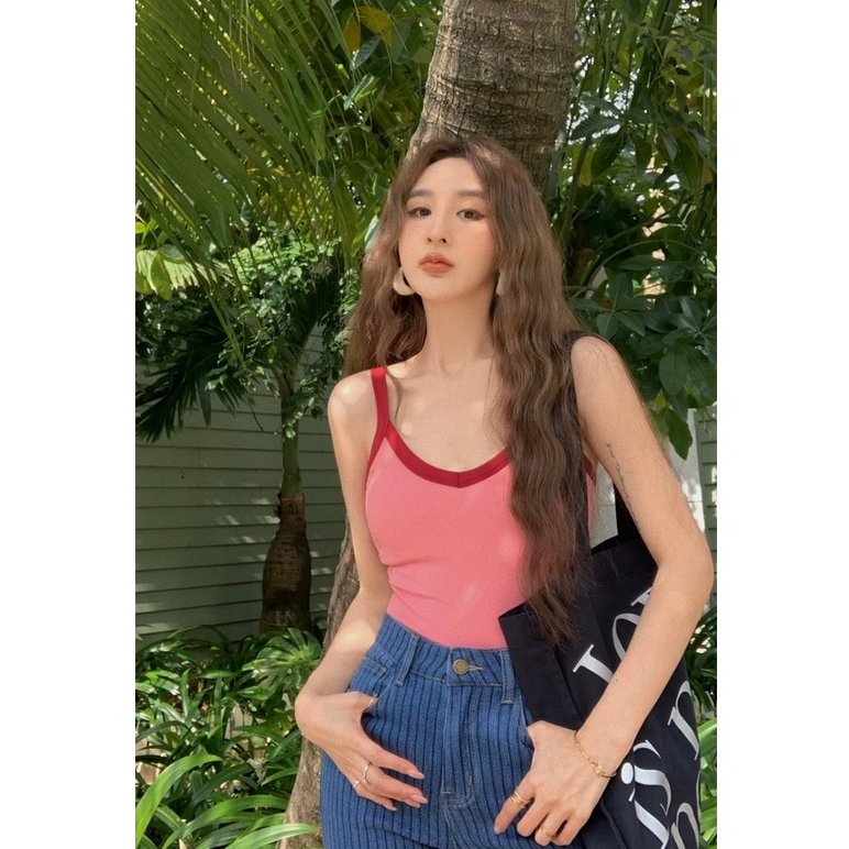 QADCOL Áo Hai Dây Mỏng Ôm Dáng Màu Sắc Tương Phản Phong Cách Hong Kong Cho Nữ