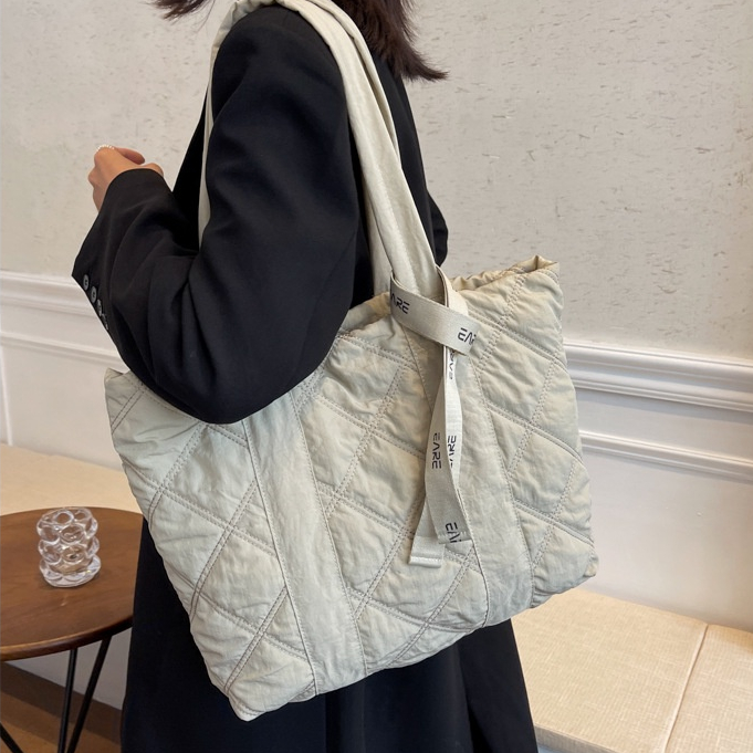 Mischa Túi tote Đeo Vai Bằng cotton Sức Chứa Lớn Màu Trơn Họa Tiết Hình Thoi Đơn Giản Hợp Thời Trang