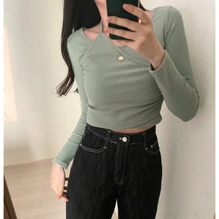 [Brandi / By Young] Áo Thun Gân Crop Top Cột Dây Hàn Quốc