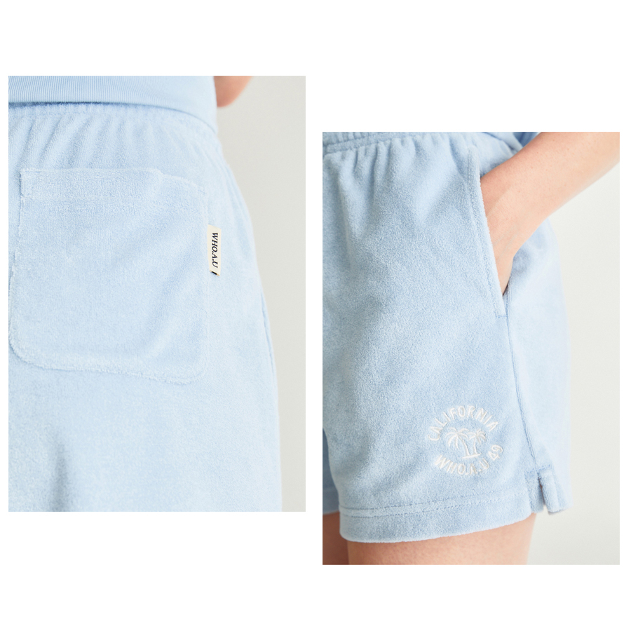 Quần short WHO.A.U WHTMD2627F lưng thun dây string ống rộng hình thêu Tree Terry