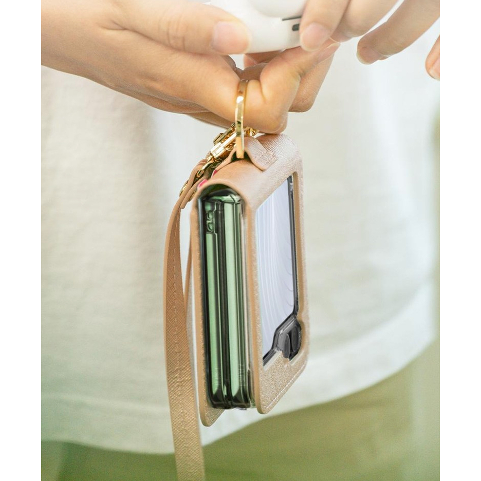 K-max / bao da có khe cắm thẻ có dây đeo cho galaxy z flip 5 4 - bao da flip5 giá đỡ chìa khóa dài bằng ngón tay saffiano màu đen