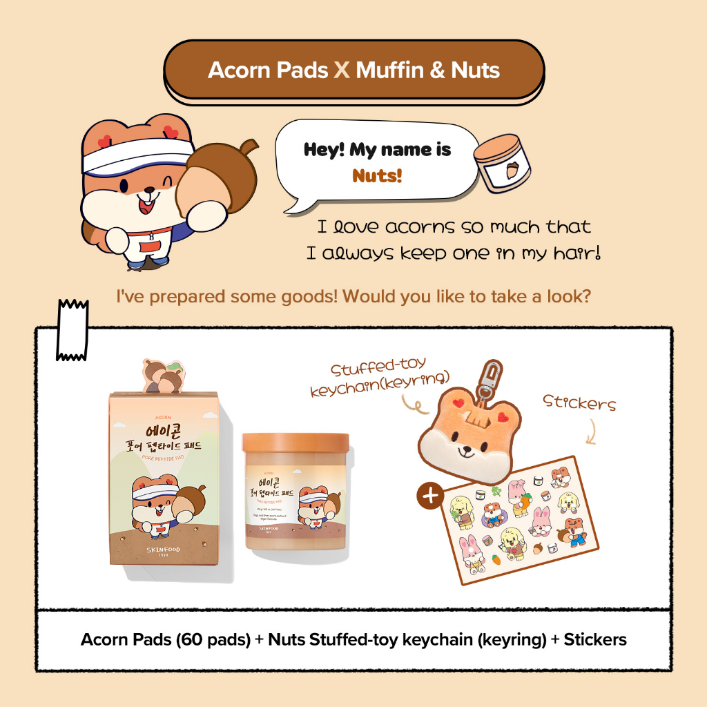 [SKINFOOD] Set 60 miếng toner SKINFOOD Muffin & Nuts cà rốt & mùi tây & quả sồi với hình dán và móc khóa