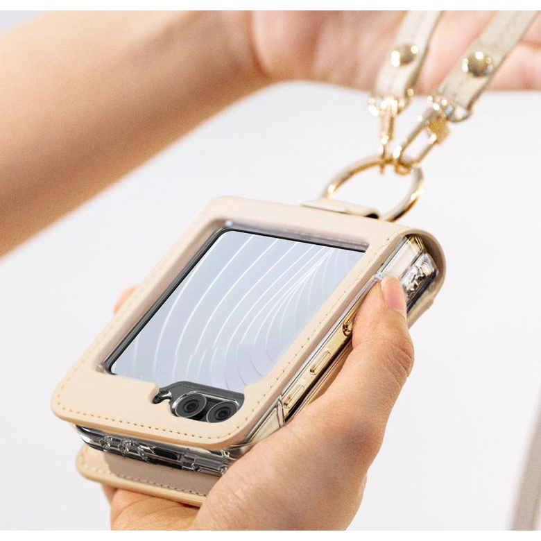 K-max / bao da có khe cắm thẻ có dây đeo cho galaxy z flip 5 4 - bao da flip5 giá đỡ chìa khóa dài bằng ngón tay saffiano màu đen