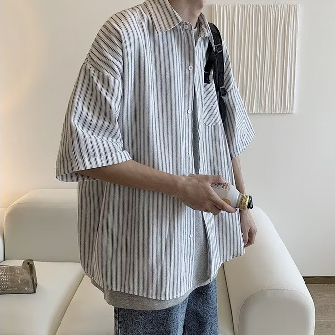 Áo Sơ Mi Dáng Rộng Họa Tiết Kẻ Sọc 2 Màu Size M-3XL Phong Cách Nhật Bản Cho Nam