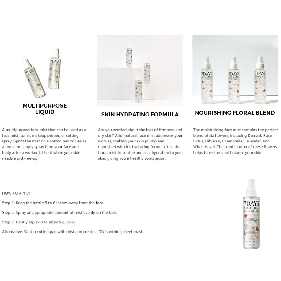 7days floral hydrating mist 150ml từ hàn quốc / skin hydrating mist / perfect blend of 6 hoa / hương hoa