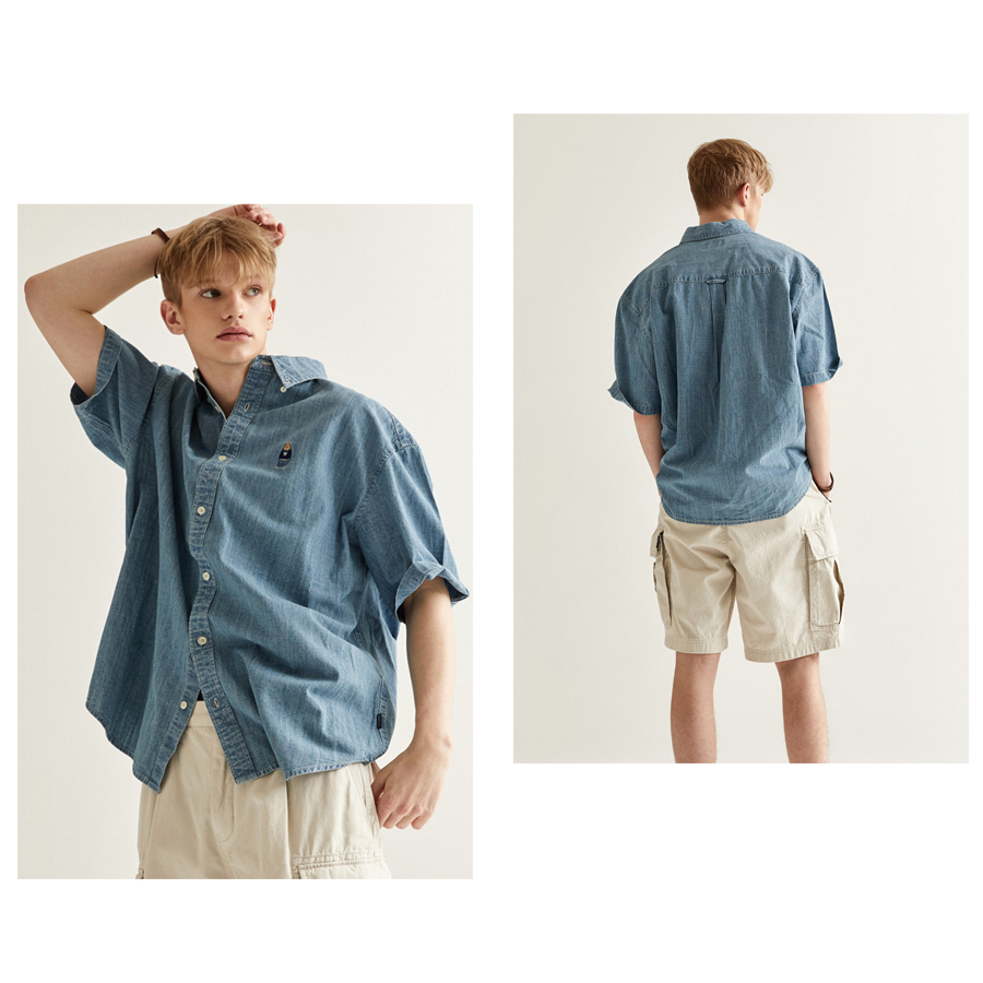 [WHO.A.U] Áo Sơ Mi Jean Steve Denim Overfit Short Sleeve Shirt Unisex Style | WHYJD2511U