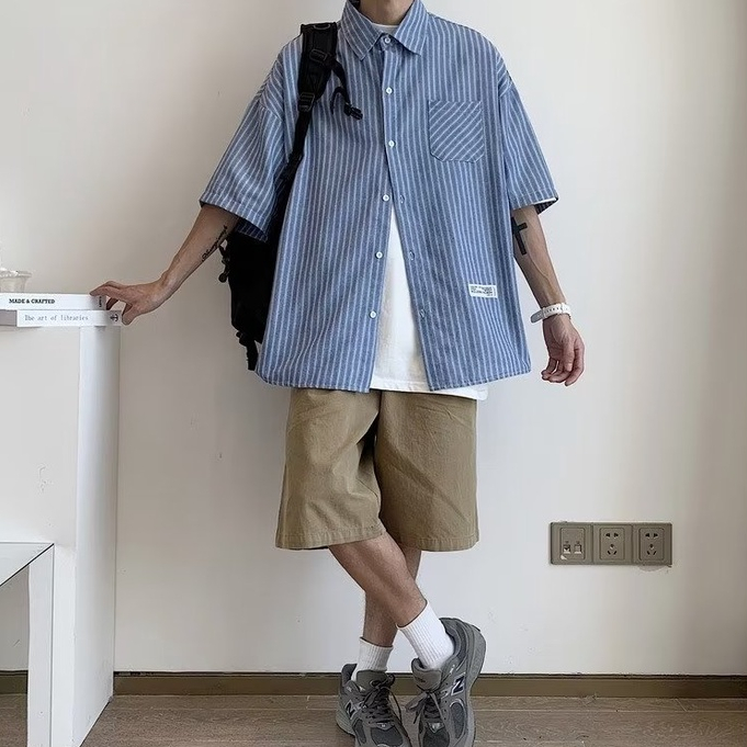 Áo Sơ Mi Dáng Rộng Họa Tiết Kẻ Sọc 2 Màu Size M-3XL Phong Cách Nhật Bản Cho Nam