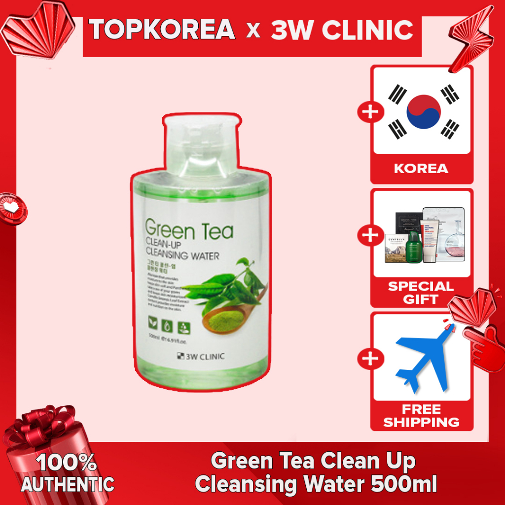 ★3W CLINIC ★Green Tea Clean Up Cleansing Water / TOPKOREA Nước Tẩy Trang Chiết Xuất Trà Xanh 500ml / Toporea / Shipping Từ Hàn Quốc