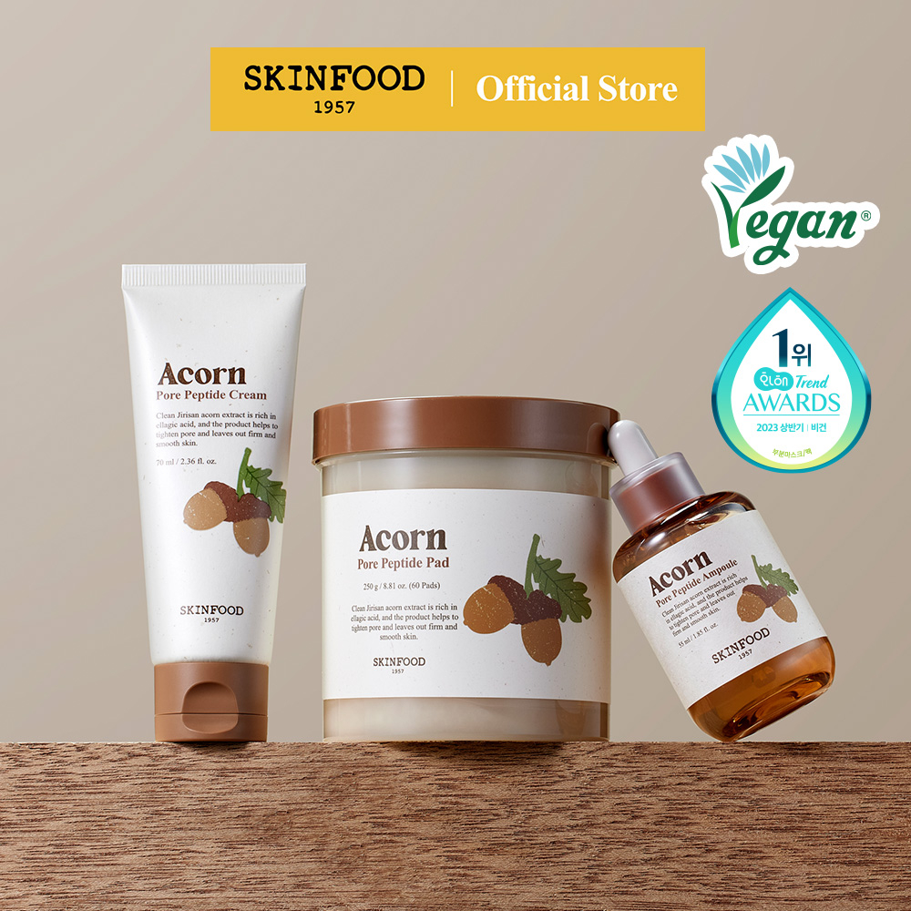 [SKINFOOD] Set 3 mỹ phẩm SKINFOOD quả sồi peptide miếng đệm toner 250g tinh chất cô đặc 55ml kem dưỡng 70ml se khít lỗ chân lông