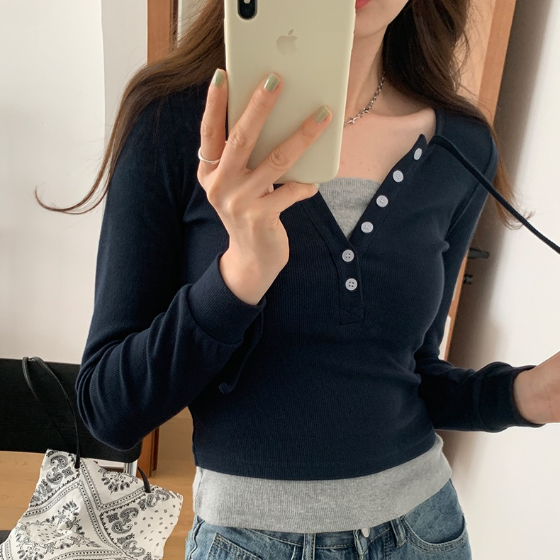 Áo Thun Nữ Dài Tay Cổ Chữ V Giả Hai Lớp 61879