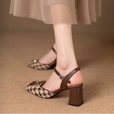 Giày Sandal Cao Gót Mũi Vuông Họa Tiết Ca Rô Thời Trang Dành Cho Nữ / Size 34-40