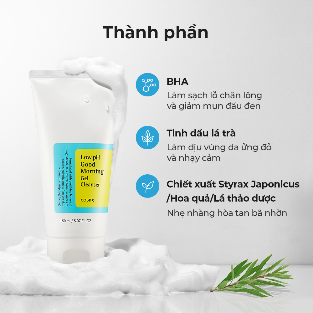 Gel rửa mặt Cosrx Good Morning 150ml/50ml chiết xuất trà xanh độ ph thấp