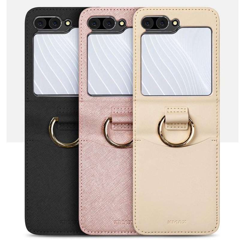 K-max / bao da có khe cắm thẻ có dây đeo cho galaxy z flip 5 4 - bao da flip5 giá đỡ chìa khóa dài bằng ngón tay saffiano màu đen
