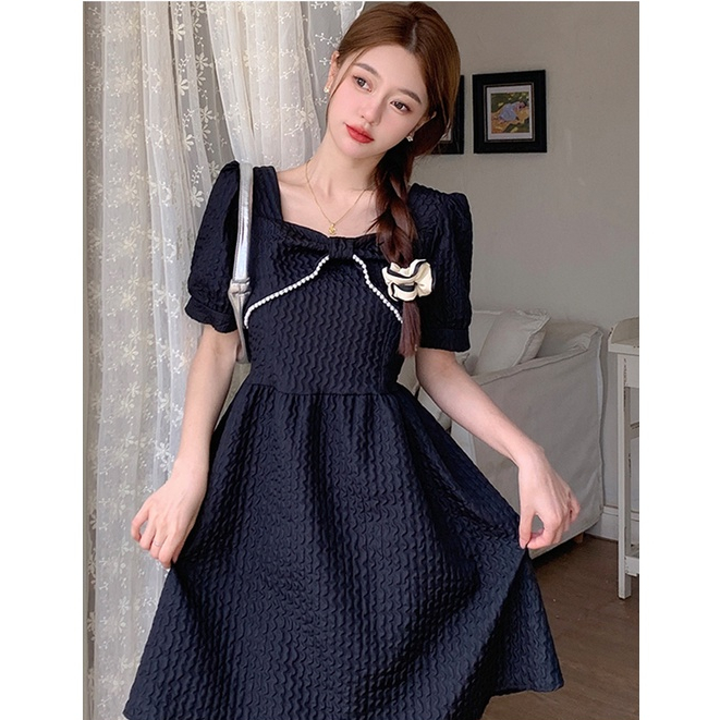 ZHELIHANGFEI Đầm Tay Phồng Cổ Vuông Đính Nơ Phong Cách Pháp