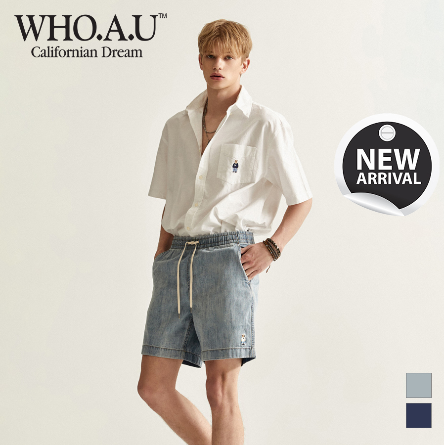 Quần short jean denim WHO.A.U WHTJD2462U lưng thun dây string hình thêu gấu Steve (mẫu mới 2023)